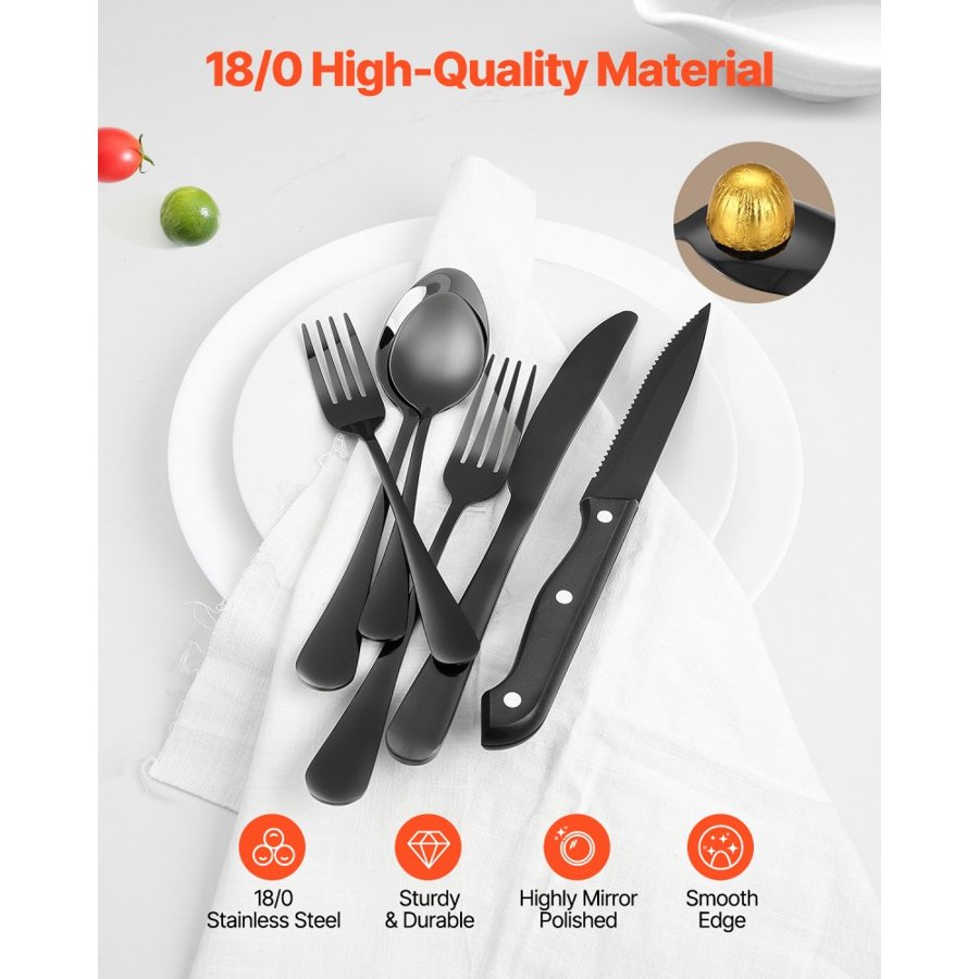 VEVOR Black Silverware Set – 48 PCS, 18/0 Stainless Steel