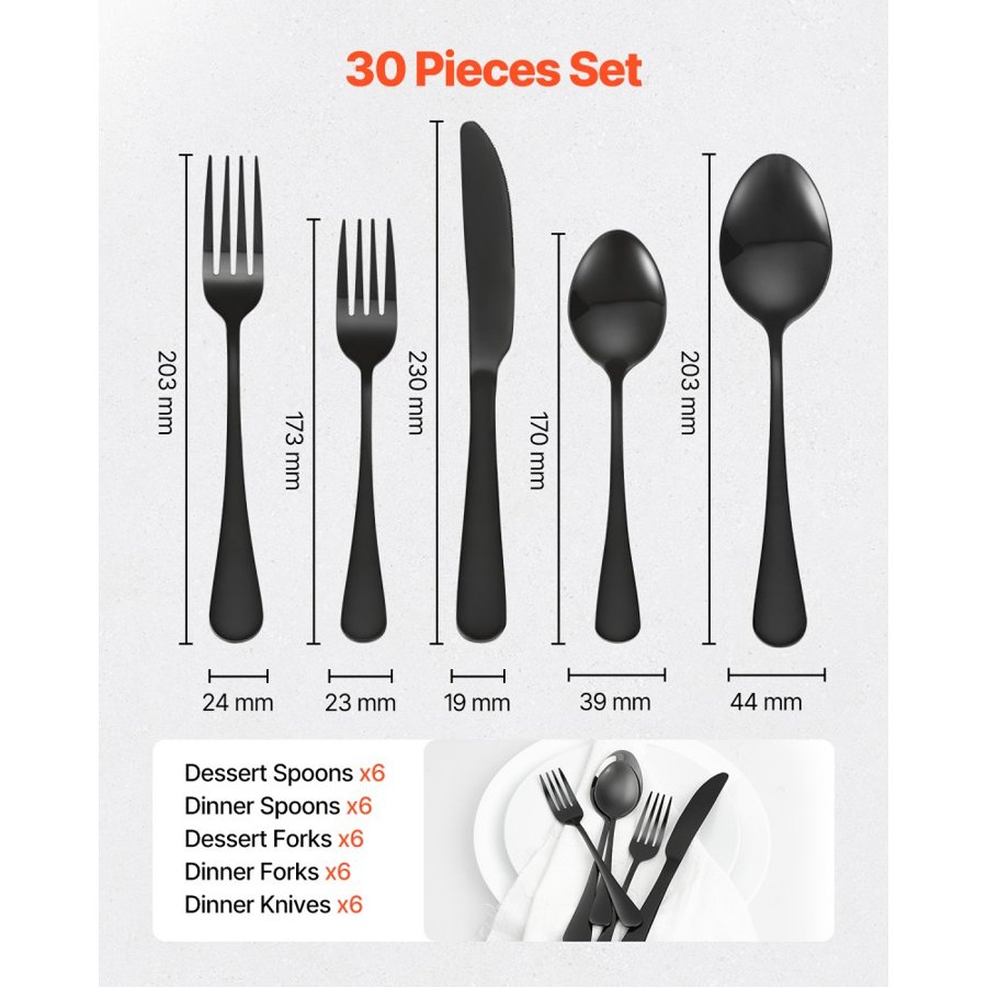 VEVOR Black Stainless Silverware – 30-Piece Set for 6
