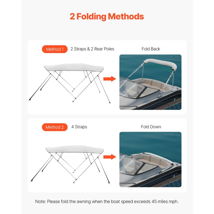 VEVOR Bimini Tops For Boats – 4 Bow, 96 Inch, Light Grey