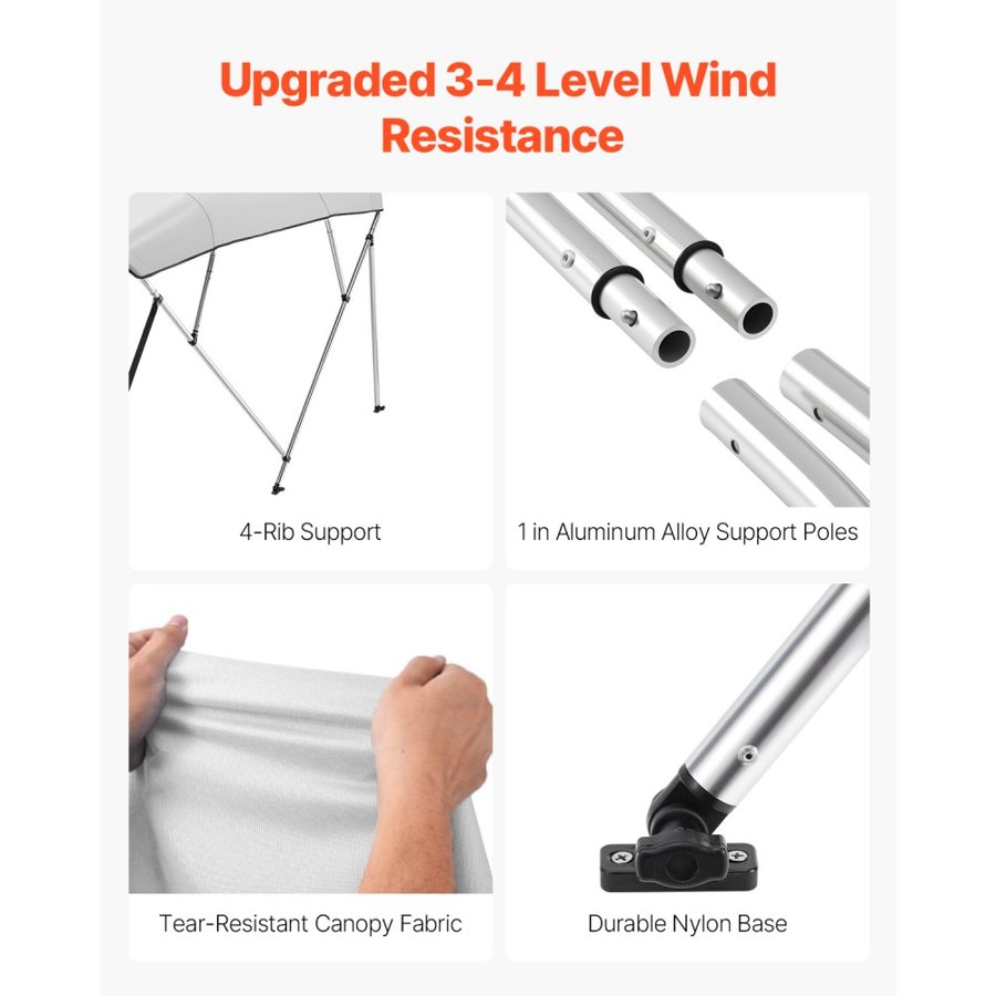 VEVOR 4 Bow Boat Bimini Tops, 600D Polyester Canopy with Aluminum Alloy Frame, Waterproof & Sun Shade Boat Awning Canopy with Storage Bag, 2 Support Poles, 4 Straps, 96"Lx(85"-90")Wx54"H, Light Grey