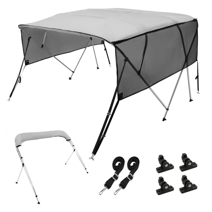 VEVOR 4 Bow Bimini Top Boat Cover, Detachable Mesh Sidewalls, 600D Polyester Canopy with 1" Aluminum Alloy Frame, Includes Storage Boot, 2 Support Poles, 2 Straps, 8'L x 54"H x 85"-90"W, Light Grey