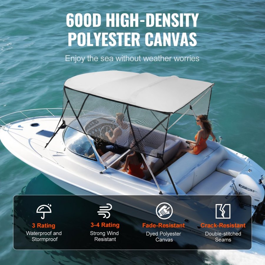 VEVOR 4 Bow Bimini Top Boat Cover, Detachable Mesh Sidewalls, 600D Polyester Canopy with 1" Aluminum Alloy Frame, Includes Storage Boot, 2 Support Poles, 2 Straps, 8'L x 54"H x 85"-90"W, Light Grey