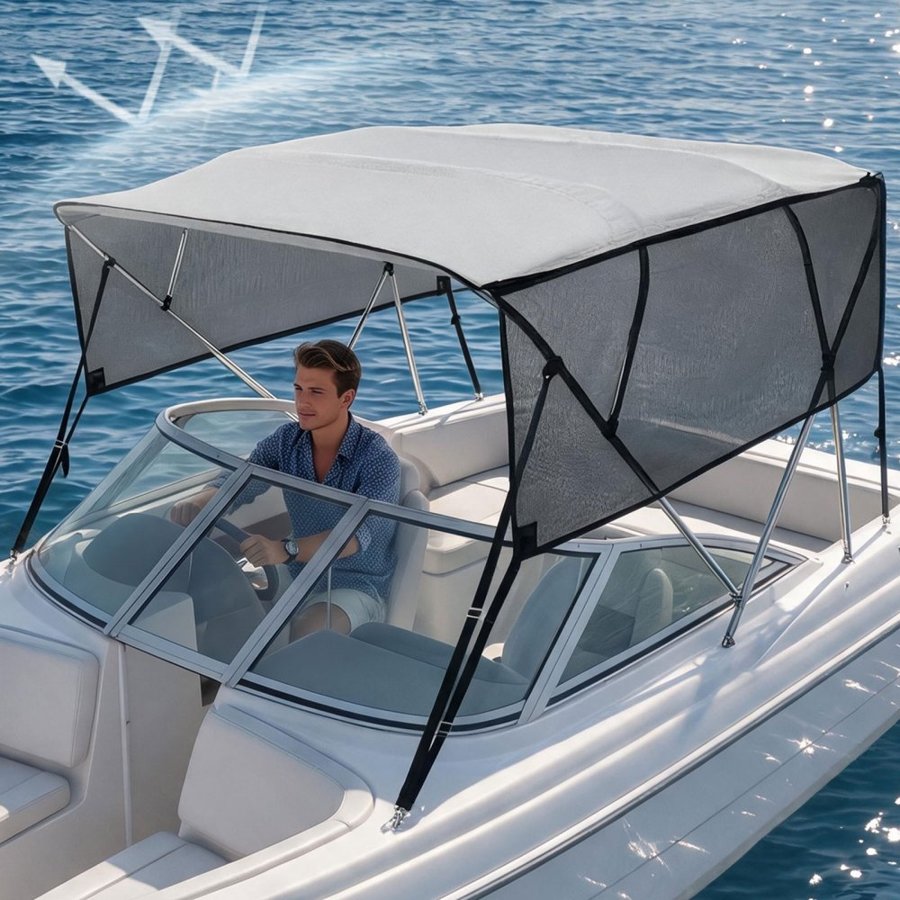 VEVOR 4 Bow Bimini Top Boat Cover, Detachable Mesh Sidewalls, 600D Polyester Canopy with 1" Aluminum Alloy Frame, Includes Storage Boot, 2 Support Poles, 2 Straps, 8'L x 54"H x 91"-96"W, Light Grey