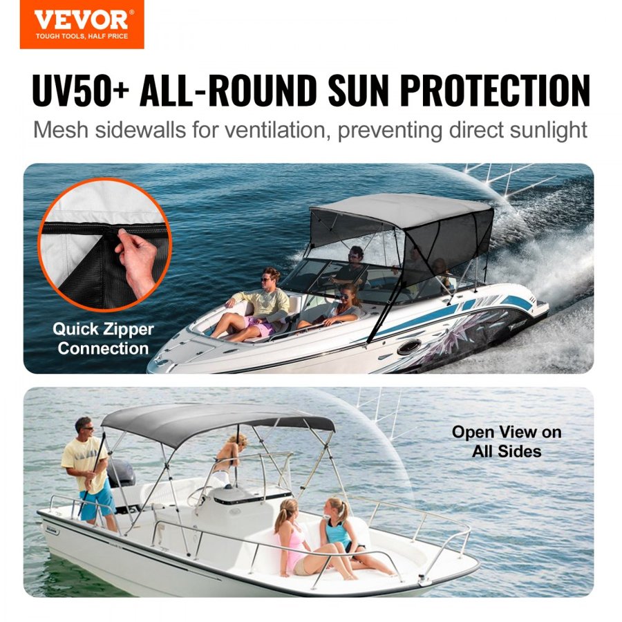 VEVOR 4 Bow Bimini Top Boat Cover, Detachable Mesh Sidewalls, 600D Polyester Canopy with 1" Aluminum Alloy Frame, Includes Storage Boot, 2 Support Poles, 2 Straps, 8'L x 54"H x 91"-96"W, Light Grey