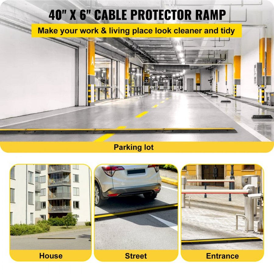 VEVOR 4 Pack of 1-Channel Rubber Cable Protector Ramps 102x15.5x3 cm Heavy Duty 8164.7 kg Load Capacity Cable Wire Cord Cover Ramp Speed Bump Driveway Hose Cable Ramp Protective Cover