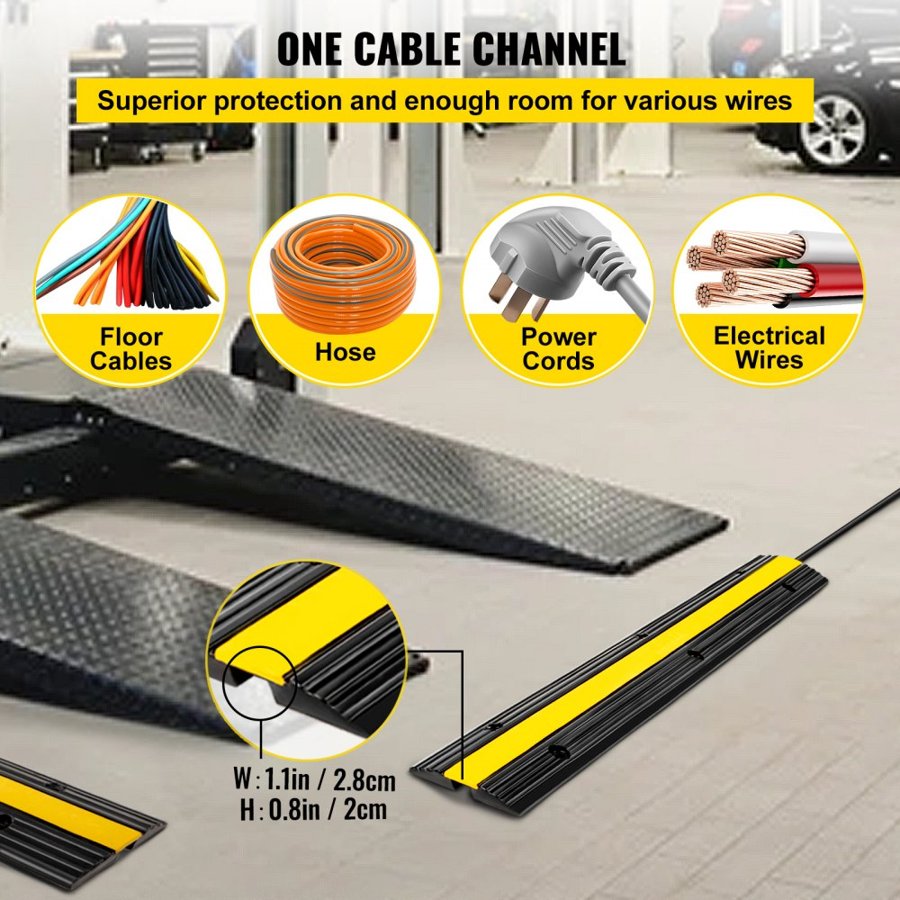 VEVOR 4 Pack of 1-Channel Rubber Cable Protector Ramps 102x15.5x3 cm Heavy Duty 8164.7 kg Load Capacity Cable Wire Cord Cover Ramp Speed Bump Driveway Hose Cable Ramp Protective Cover