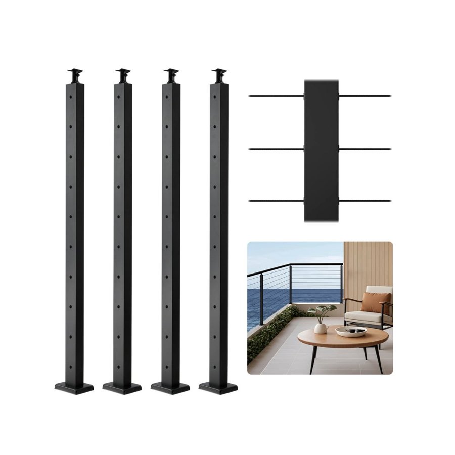 VEVOR 4-Pack Cable Railing Post, 36x2x2 In Horizontal-Hole Deck Railing Post with Pre-Drilled Holes, Stainless Steel Cable Rail Post with Horizontal and Curved Bracket, Black, 4JZLGZXHS914MY65M001V0