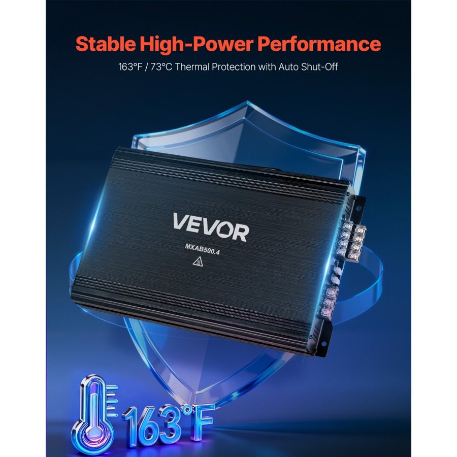 VEVOR Car Audio Amplifier, 4-Channel Bridgeable Car Amplifier, Multichannel Class AB Stereo Amp, Max. 4 x 250W at 4 Ohms / 4 x 500W at 2 Ohms, High Output, for SUVs, Pickups, and Off-Road Vehicles