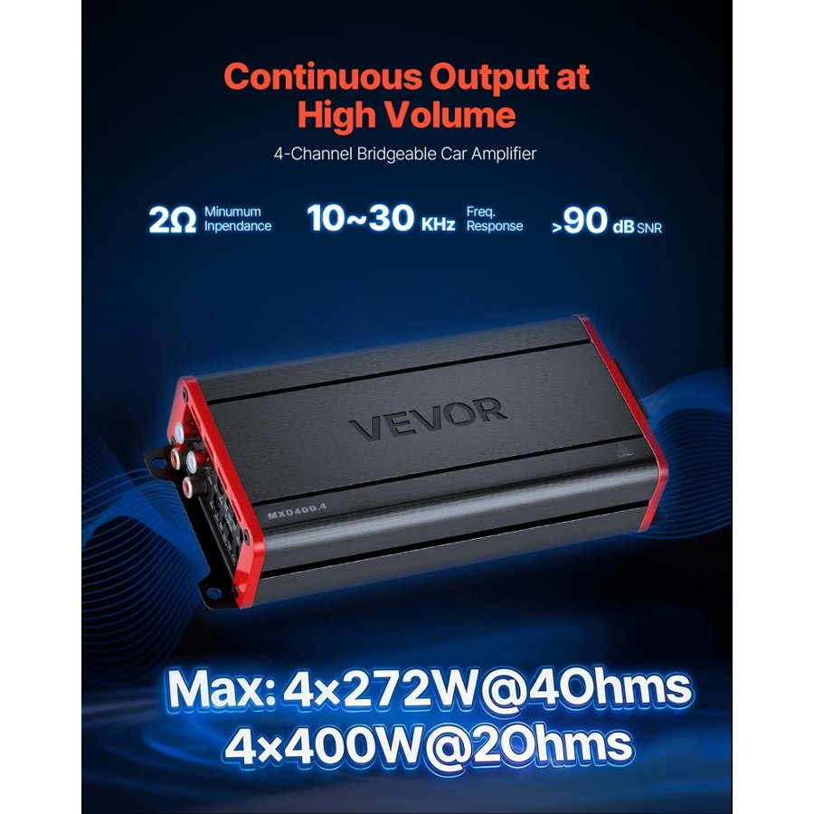 VEVOR Car Audio Amplifier, 4-Channel Bridgeable Car Amplifier, Multichannel Class D Stereo Amp, Max. 4 x 272W at 4 Ohms / 4 x 400W at 2 Ohms, High Output, for SUVs, Pickups, and Off-Road Vehicles