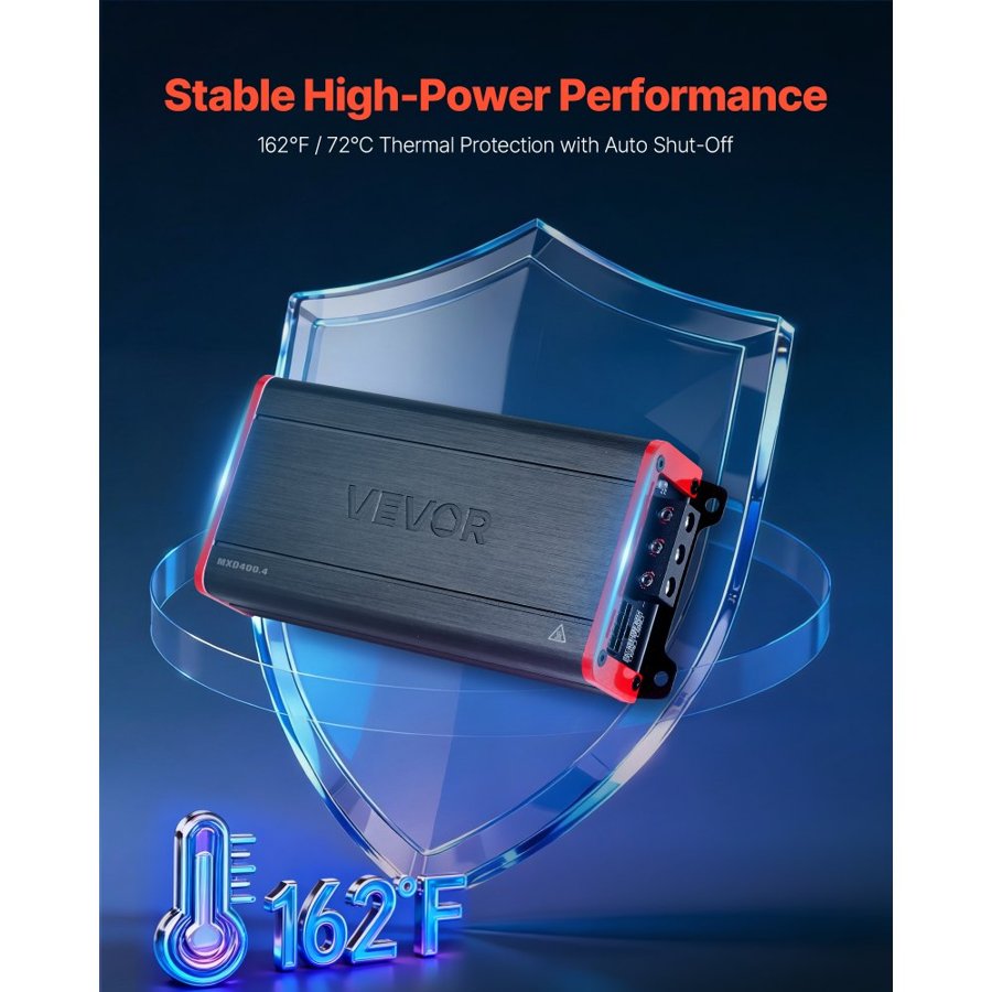 VEVOR Car Audio Amplifier, 4-Channel Bridgeable Car Amplifier, Multichannel Class D Stereo Amp, Max. 4 x 272W at 4 Ohms / 4 x 400W at 2 Ohms, High Output, for SUVs, Pickups, and Off-Road Vehicles