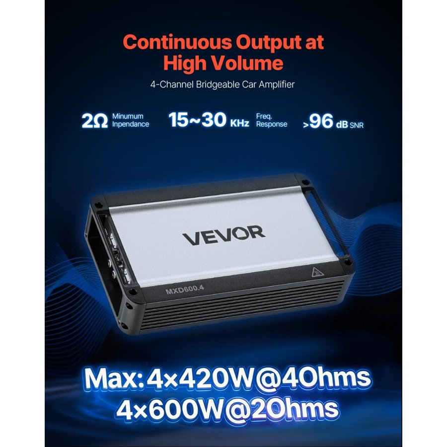 VEVOR 4 Channel Car Amplifier – 4×600W, Class D Full Range