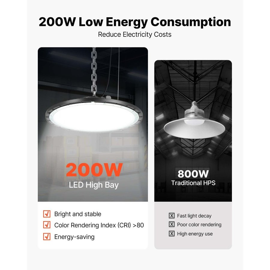 VEVOR 10 Pack LED High Bay Lights, 5000K 200W 30000LM Super Bright UFO LED Warehouse Shop Lights, IP65 Waterproof, 100-277V Wide Voltage for Warehouse Workshop Factory Gym Garage Barn, Black