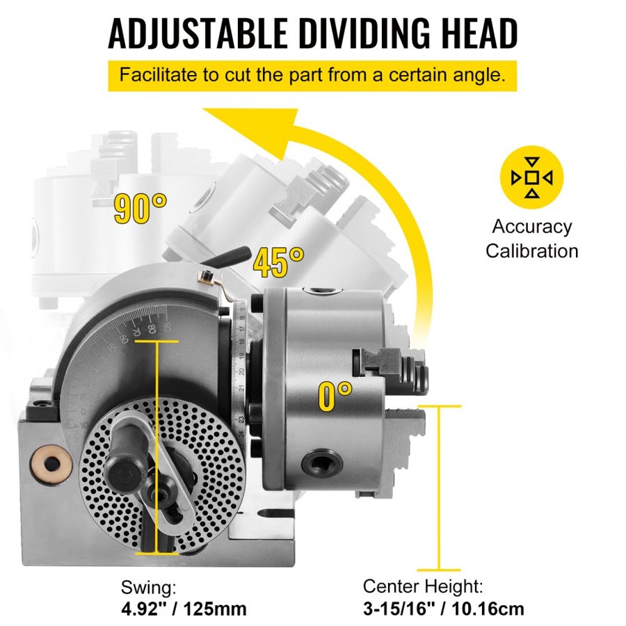VEVOR BS-0 Dividing Head – 5 Inch, 3 Jaw Chuck, 6-1/2" Swing