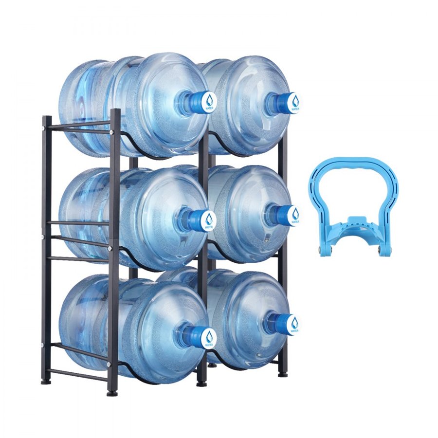 VEVOR 3 Tiers Water Jug Holder, 5 Gallon Water Bottle Holder, Double Row Water Bottle Rack for 6 Bottles, Heavy Duty Water Jug Rack for Kitchen, Office, Living Room, Black