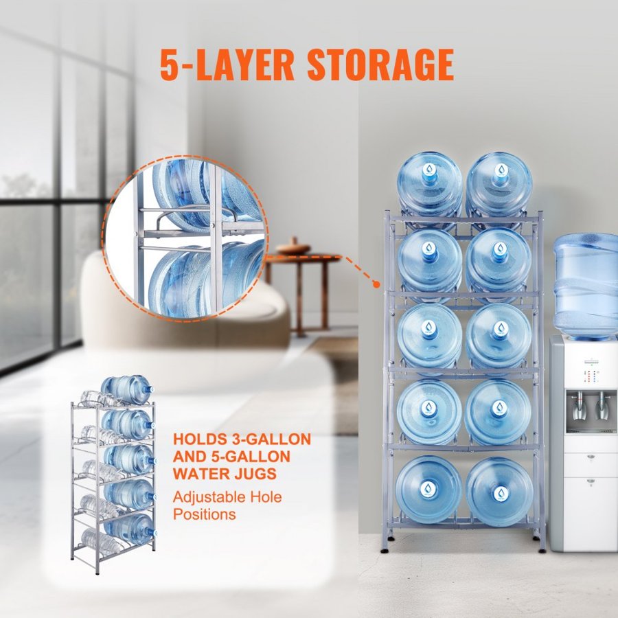 VEVOR 5 Tiers Water Jug Holder, 5 Gallon Water Bottle Holder, Double Row Water Bottle Rack for 10 Bottles, Heavy Duty Water Jug Rack for Kitchen, Office, Living Room, Silver Gray