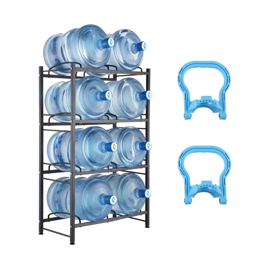 VEVOR 4 Tiers Water Jug Holder, 5 Gallon Water Bottle Holder, Double Row Water Bottle Rack for 8 Bottles, Heavy Duty Water Jug Rack for Kitchen, Office, Living Room, Black