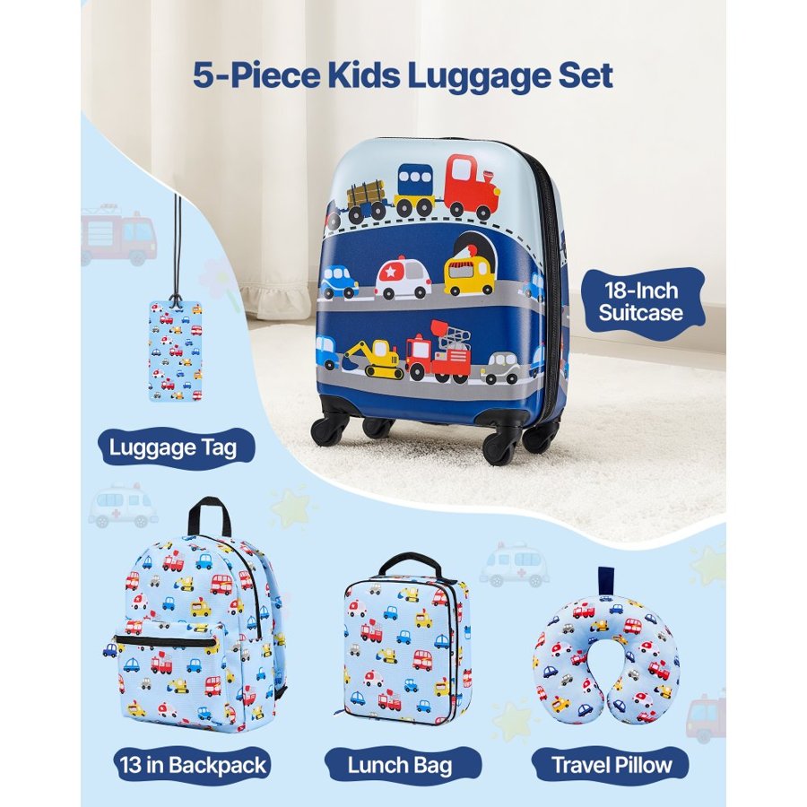 VEVOR Kids Luggage Set, 5 Piece, 45.7 cm Hardside Rolling Wheels Suitcase with Backpack & U-shape Pillow, Truck Kids Carry on Luggage Set, Holiday Birthday Gift for Girls Boys, Airline Approved