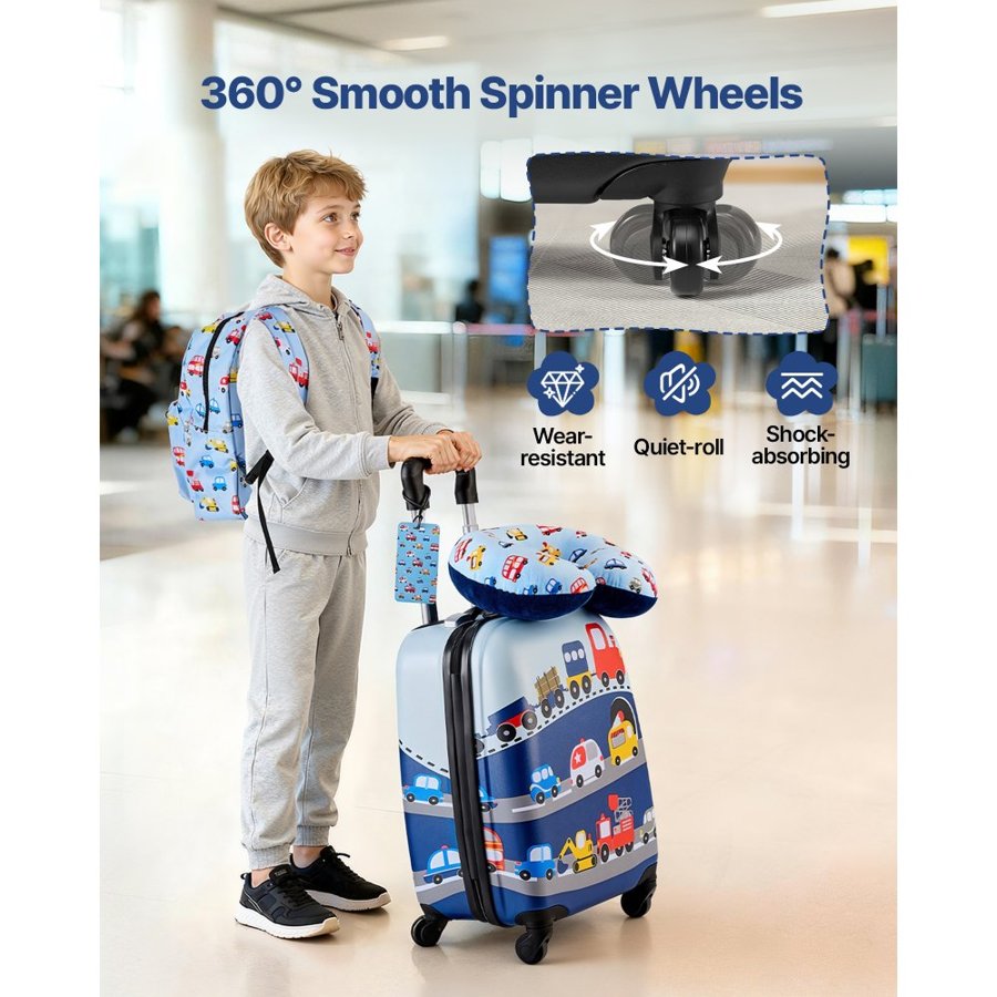 VEVOR Kids Luggage Set, 5 Piece, 45.7 cm Hardside Rolling Wheels Suitcase with Backpack & U-shape Pillow, Truck Kids Carry on Luggage Set, Holiday Birthday Gift for Girls Boys, Airline Approved