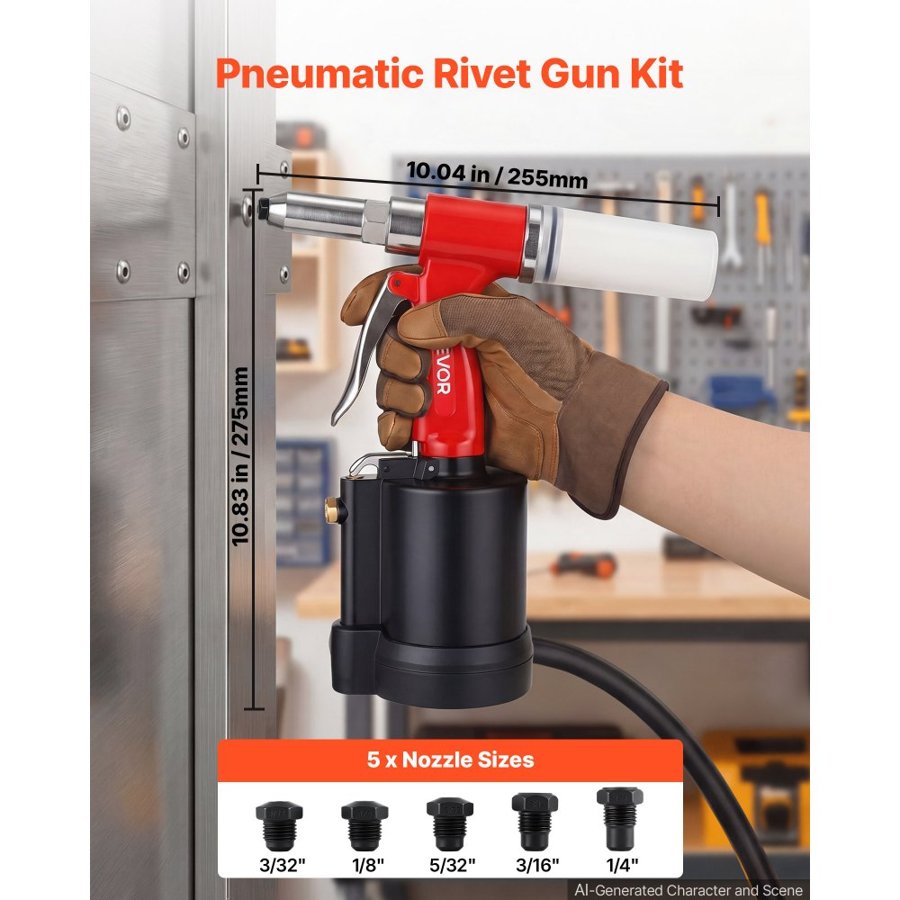 VEVOR Pneumatic Rivet Gun Kit with 2.4mm 3.2mm 4.0mm 4.8mm 6.4mm Nosepieces, 1780KG Pulling Force, 3-Claw Secure Grip, Air Riveter Tool for Automotive, Construction, Industrial Manufacturing