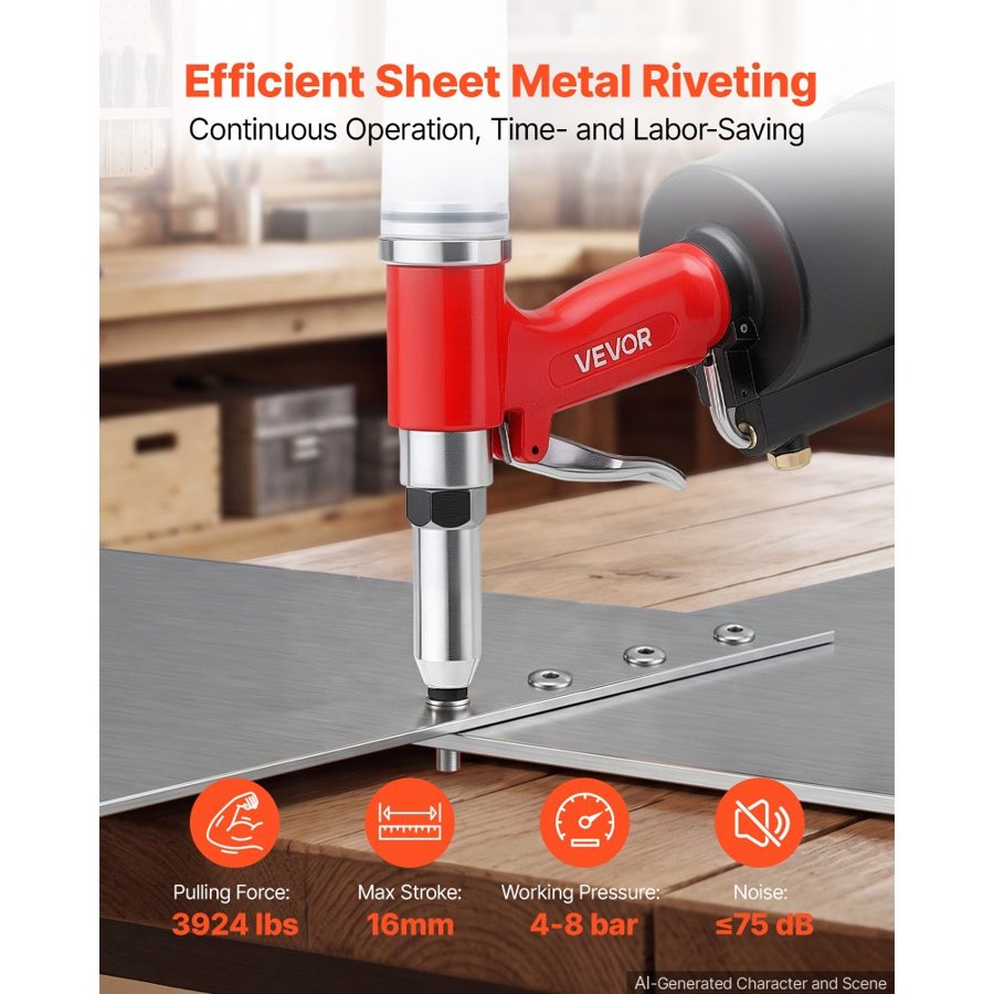 VEVOR Pneumatic Rivet Gun Kit with 2.4mm 3.2mm 4.0mm 4.8mm 6.4mm Nosepieces, 1780KG Pulling Force, 3-Claw Secure Grip, Air Riveter Tool for Automotive, Construction, Industrial Manufacturing