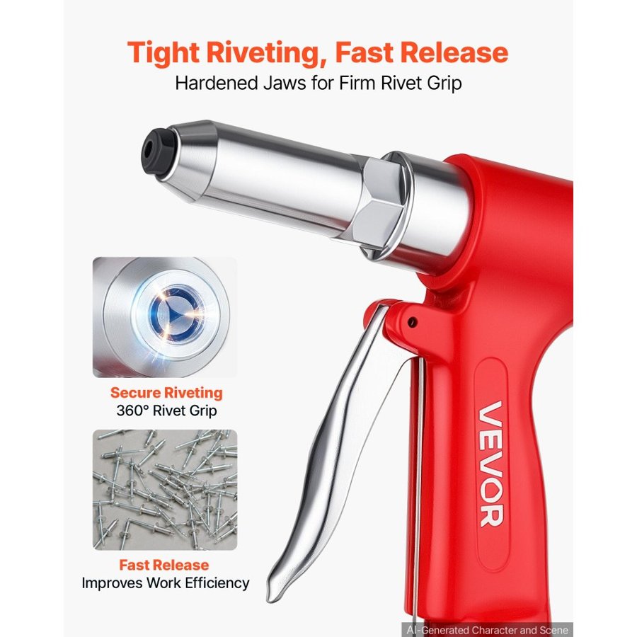 VEVOR Pneumatic Rivet Gun Kit with 2.4mm 3.2mm 4.0mm 4.8mm 6.4mm Nosepieces, 1780KG Pulling Force, 3-Claw Secure Grip, Air Riveter Tool for Automotive, Construction, Industrial Manufacturing