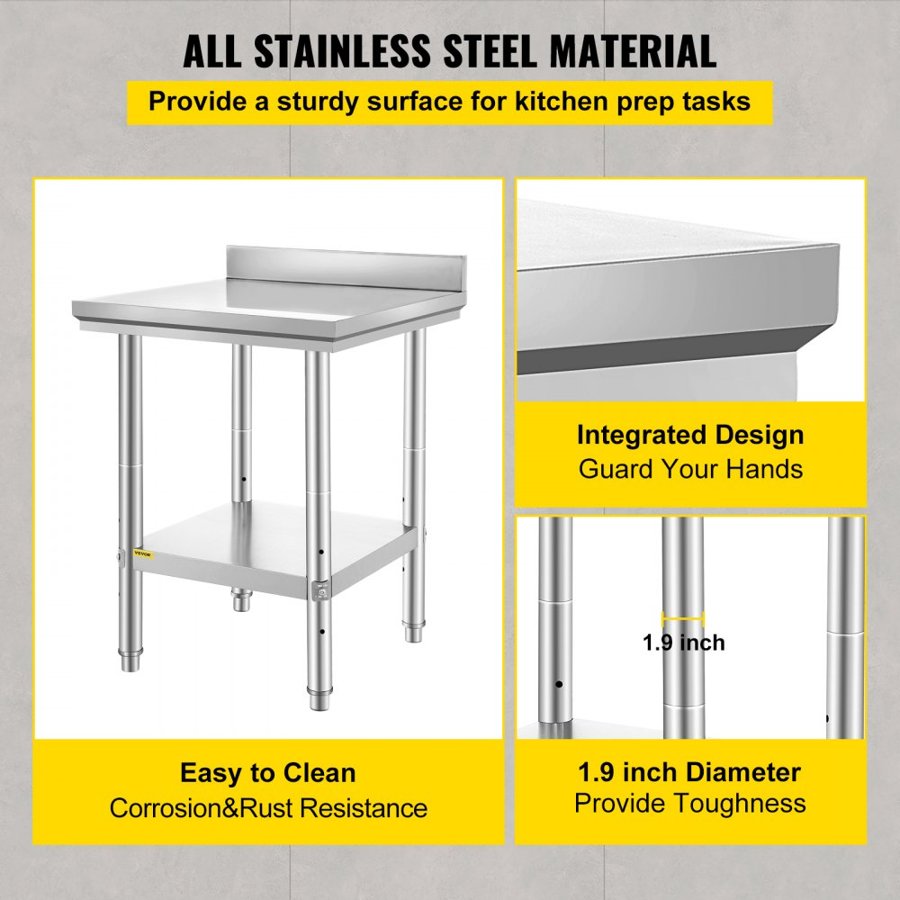 VEVOR 24 x 24 x 35 Inch Stainless Steel Work Table, Commercial Food Prep Worktable Heavy Duty Prep Worktable, Metal Work Table with Adjustable Height for Restaurant, Home and Hotel