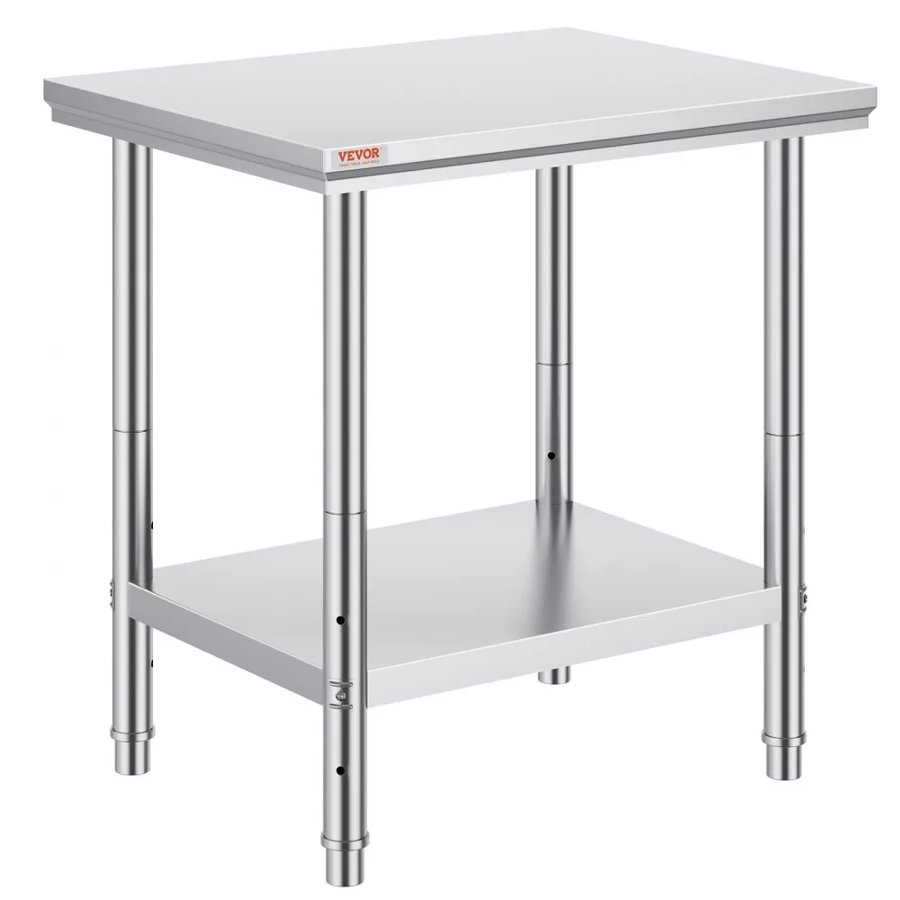 VEVOR Stainless Steel Prep Table, 24 x 30 x 31 Inch, 700 lbs Load Capacity, Heavy Duty Metal Worktable with 3 Adjustable Height Levels, Commercial Workstation for Kitchen Garage Restaurant Backyard
