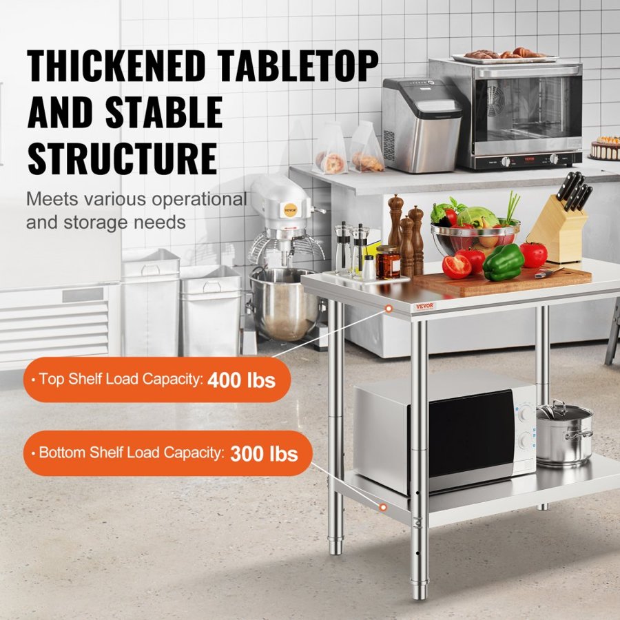 VEVOR Stainless Steel Prep Table, 900x600x800 mm, 700 lbs Load Capacity, Heavy Duty Metal Worktable with 3 Adjustable Height Levels, Commercial Workstation for Kitchen Garage Restaurant Backyard
