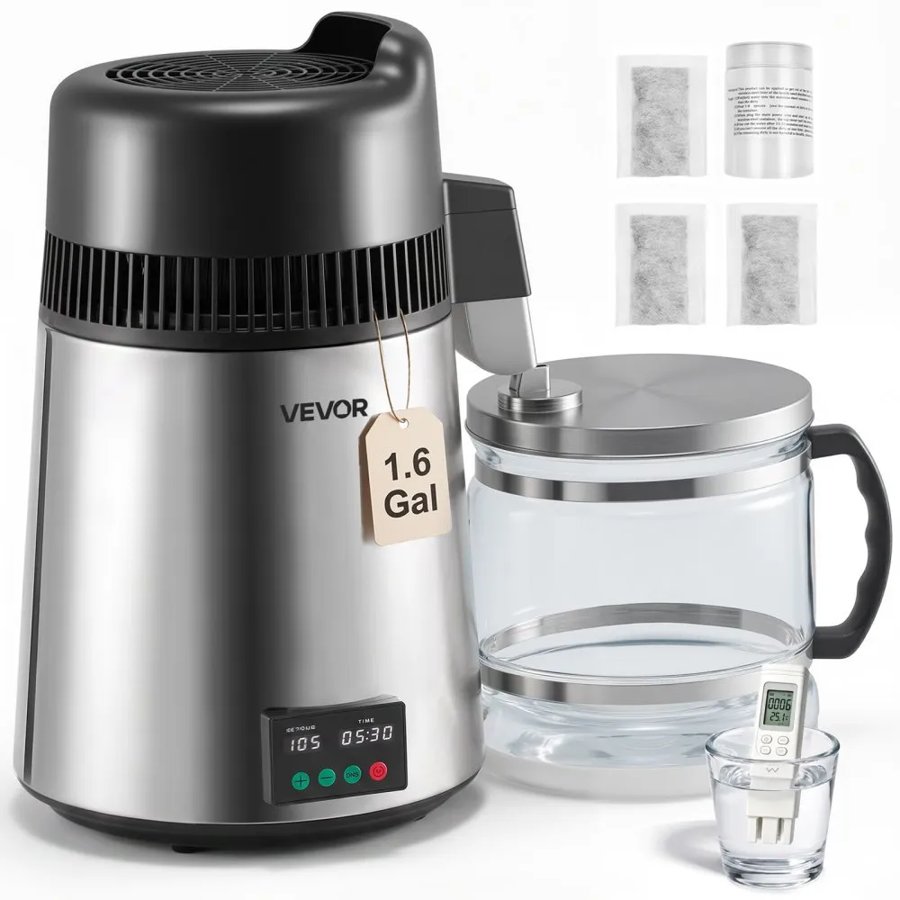 VEVOR Water Distiller, 6L 1.6 Gallon Larger Pure Water Purifier Filter For Home Table Countertop, 900W Glass Pot Distilled Maker, Stainless Steel Interior Drinking Machine to Make Clean Waters, Silver