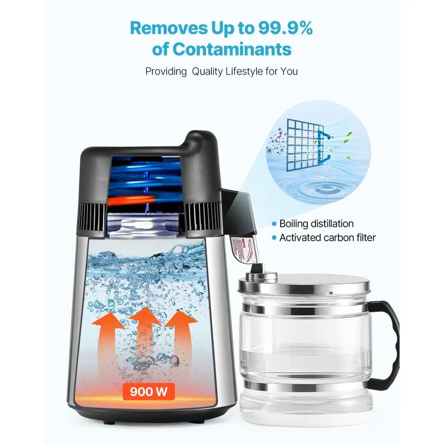 VEVOR Water Distiller, 6L 1.6 Gallon Larger Pure Water Purifier Filter For Home Table Countertop, 900W Glass Pot Distilled Maker, Stainless Steel Interior Drinking Machine to Make Clean Waters, Silver