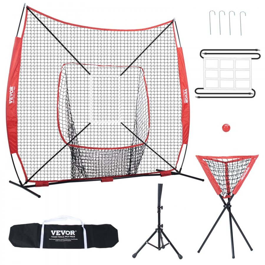 VEVOR 7x7 ft Baseball Softball Practice Net, Portable Baseball Training Net for Hitting Catching Pitching, Backstop Baseball Equipment with Bow Frame, Carry Bag, Strike Zone, Ball, Tee, Ball Collector