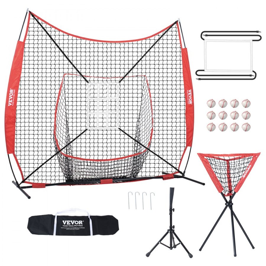 VEVOR 7x7 ft Baseball Softball Practice Net, Portable Baseball Training Net for Hitting Catching Pitching, Backstop Equipment with Bow Frame, Carry Bag, Strike Zone, 12 Balls, Tee, and Ball Collector