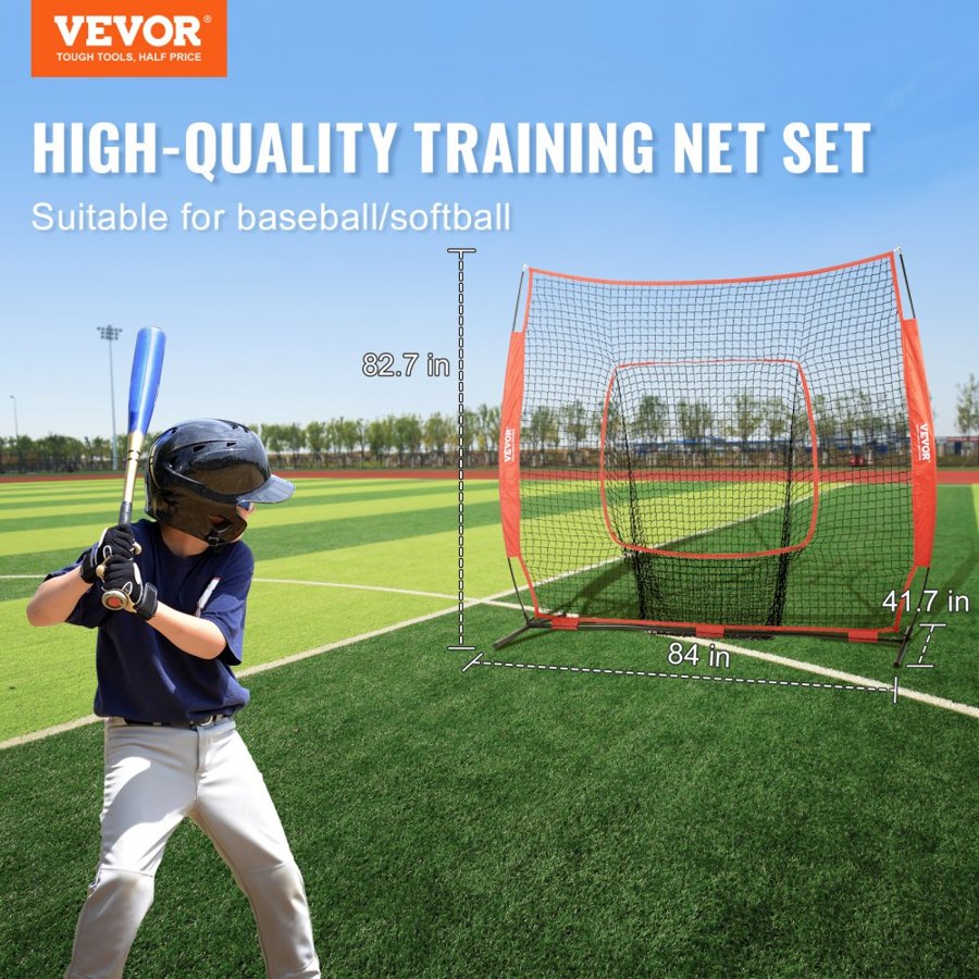 VEVOR 213.4 x 213.4 cm Baseball Softball Practice Net, Portable Baseball Training Net for Hitting Batting Catching Pitching, Backstop Baseball Equipment Training Aids with Carry Bag and Strike Zone