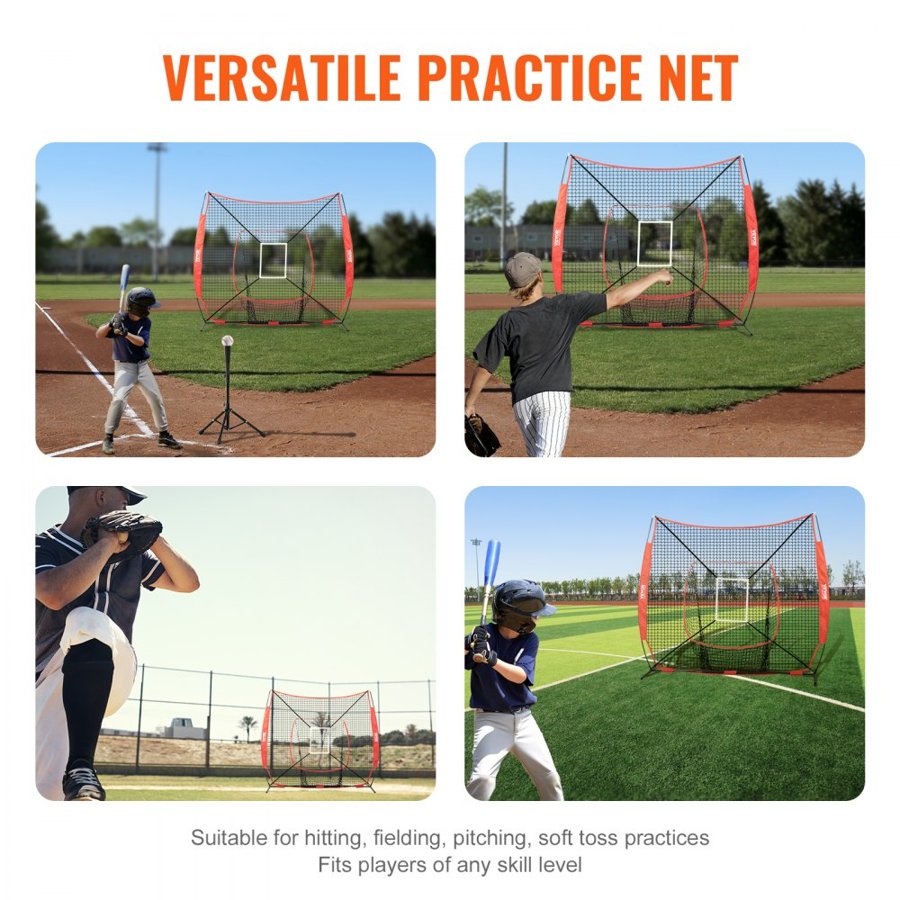 VEVOR 7x7 ft Baseball Softball Practice Net, Portable Baseball Training Net for Hitting Batting Catching Pitching, Backstop Baseball Equipment Training Aids with Strike Zone (Net Only)