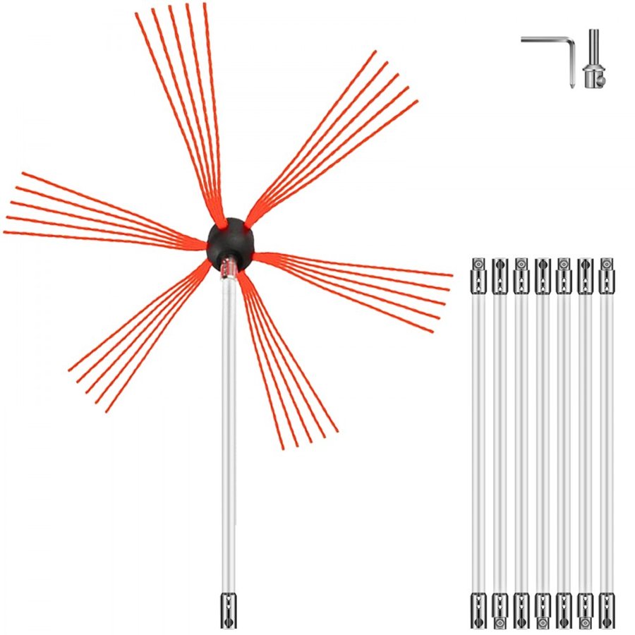 VEVOR Flexible Chimney Cleaning Rods, 8 m Chimney Sweep Rods, Nylon Sooteater Chimney Cleaning Kit, Flexible Brush Head Chimney Sweeping Rods Easy Connecting Chimney Brush with 8 White Rods