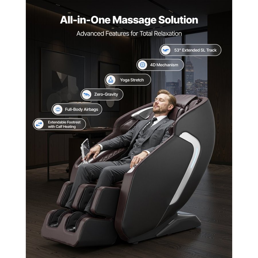 VEVOR Massage Chair,  4D Full Body Zero Gravity Recliner with SL Track, Yoga Stretch, AI Voice Control, Heat, Foot Roller, Retractable Pedal, 36 Airbags, LCD, Armrest Controls, Rolling Base
