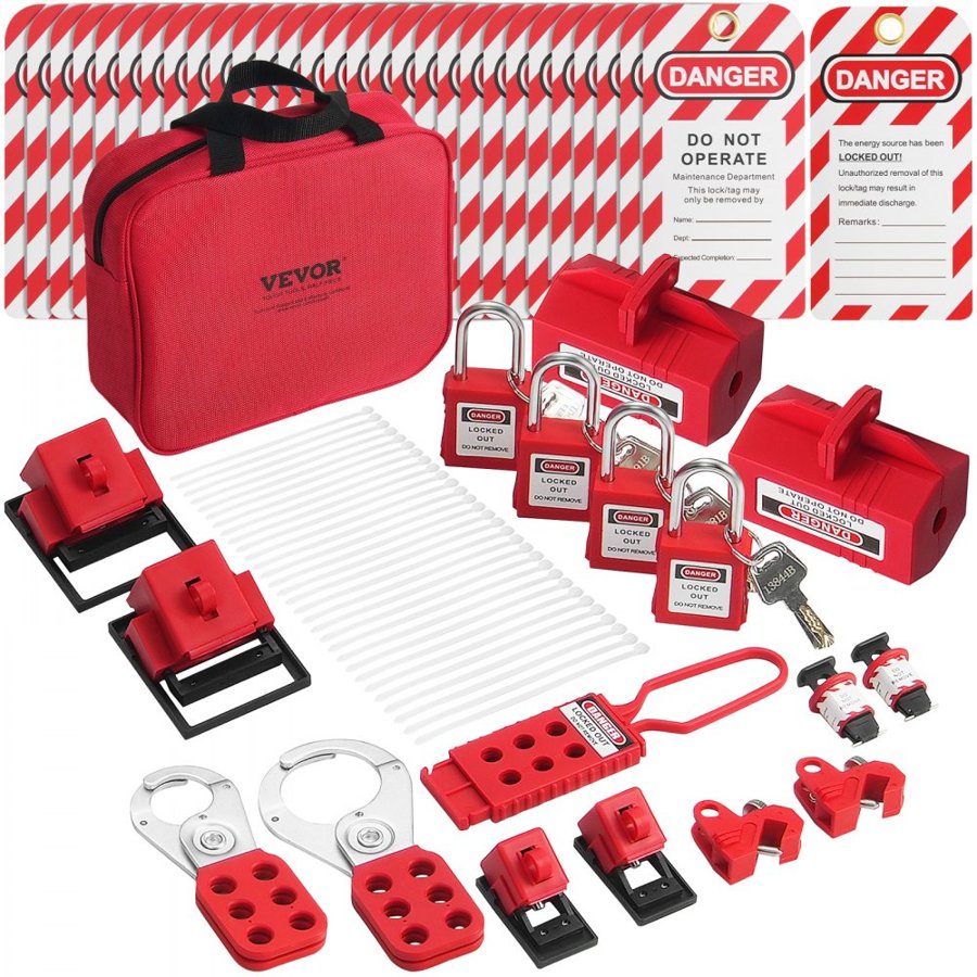 VEVOR Electrical Lockout Tagout Kit, 47 PCS Safety Loto Kit Includes Padlocks, Hasps, Tags, Nylon Ties, Plug Lockouts, Circuit Breaker Lockouts, and Carrying Bag, for Industrial, Electric Power