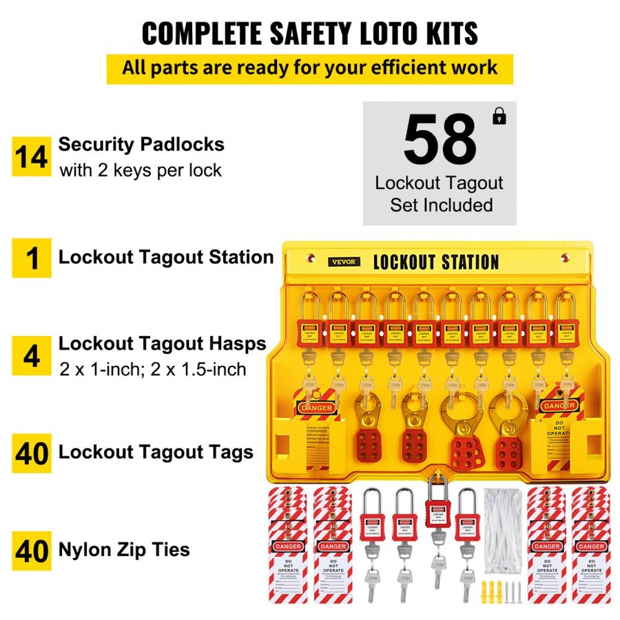 VEVOR 58 PCS Lockout Tagout Kits, Electrical Safety Loto Kit Includes Padlocks, Lockout Station, Hasp, Tags & Zip Ties, Lockout Tagout Safety Tools for Industrial, Electric Power, Machinery