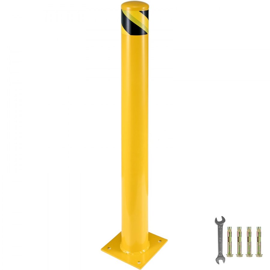 VEVOR Safety Bollard 107 cm x 11.4 cm Safety Barrier Bollard 11.4 cm OD 107 cm Height Yellow Powder Coat Pipe Steel Safety Barrier with 4 Free Anchor Bolts for Traffic-Sensitive Area