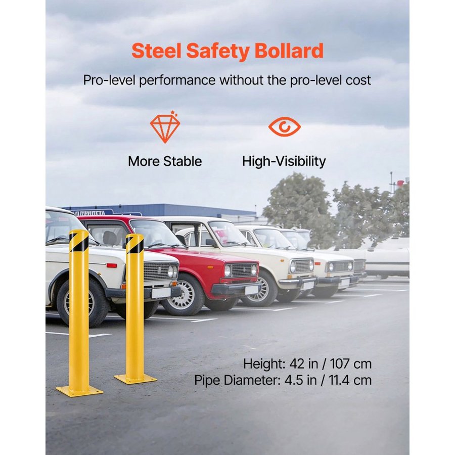 VEVOR Safety Bollard 107 cm x 11.4 cm Safety Barrier Bollard 11.4 cm OD 107 cm Height Yellow Powder Coat Pipe Steel Safety Barrier with 4 Free Anchor Bolts for Traffic-Sensitive Area