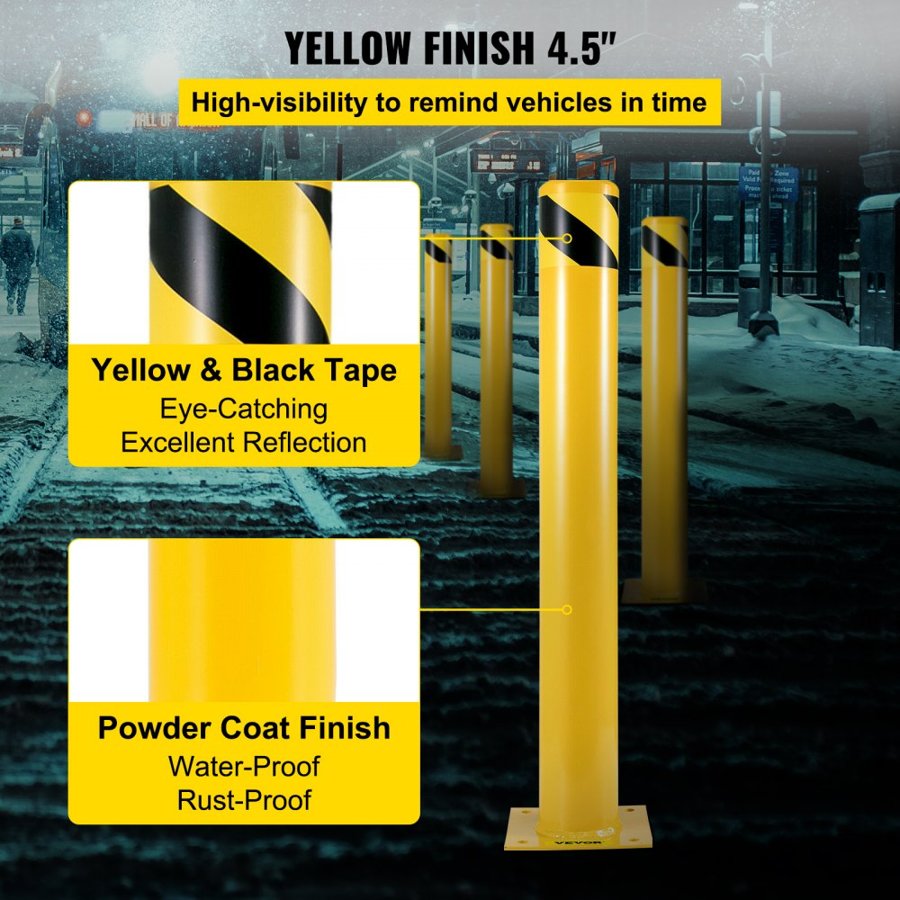 VEVOR Safety Bollard 107 cm x 11.4 cm Safety Barrier Bollard 11.4 cm OD 107 cm Height Yellow Powder Coat Pipe Steel Safety Barrier with 4 Free Anchor Bolts for Traffic-Sensitive Area