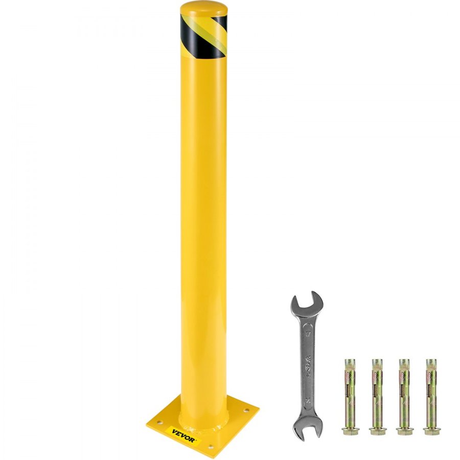 VEVOR Safety Bollard 48"x4.5" Safety Barrier Bollard 4-1/2" OD 48" Height Yellow Powder Coat Pipe Steel Safety Barrier with 4 Free Anchor Bolts for Traffic-Sensitive Area