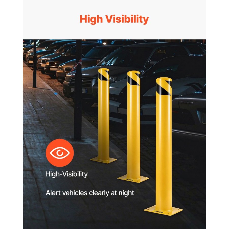 VEVOR Safety Bollard 48"x4.5" Safety Barrier Bollard 4-1/2" OD 48" Height Yellow Powder Coat Pipe Steel Safety Barrier with 4 Free Anchor Bolts for Traffic-Sensitive Area