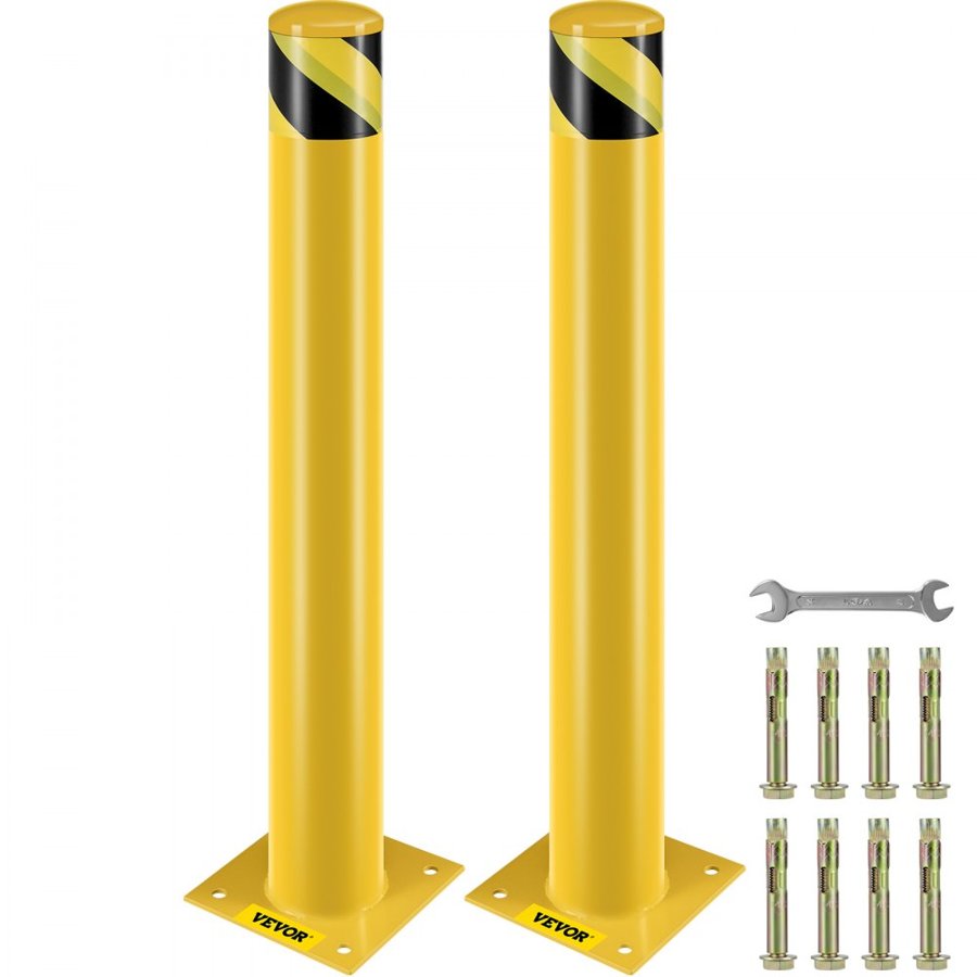 VEVOR Safety Bollard, 36 Inch Height Bollard Post, 4.5 Inch Diameter Steel Pipe Safety Bollard Post, Yellow Steel Bollard, Steel Safety Bollard with 8 Anchor Bolts, Perfect for Traffic-Sensitive Area
