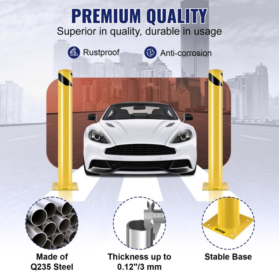 VEVOR Safety Bollard, 36 Inch Height Bollard Post, 4.5 Inch Diameter Steel Pipe Safety Bollard Post, Yellow Steel Bollard, Steel Safety Bollard with 8 Anchor Bolts, Perfect for Traffic-Sensitive Area