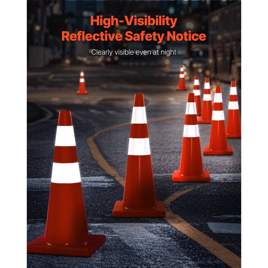 VEVOR Safety Cones, 28 in/73 cm Height, 12 PCS PVC Orange Traffic Cone with 2 Reflective Collars and Weighted Base, Used for Traffic Control, Driveway Road Parking and School Improvement