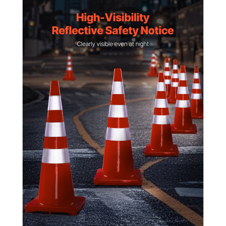 VEVOR Safety Cones, 6 x 36" Traffic Cones, PVC Orange Construction Cones, Reflective Collars Traffic Cones with Weighted Base Used for Traffic Control, Driveway Road Parking and School Improvement