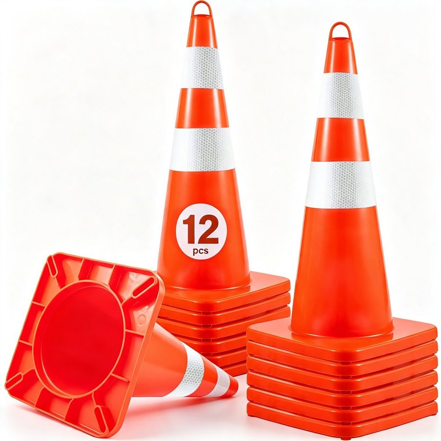 VEVOR Safety Cones, 12 x 28\" Traffic Cones, PVC Orange Construction Cones, 2 Reflective Collars Traffic Cones with Weighted Base and Hand-Held Ring Used for Traffic Control, Driveway Road Parking