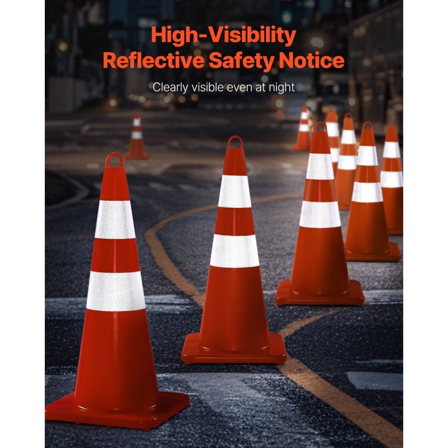 VEVOR Safety Cones, 6 x 28\" Traffic Cones, PVC Orange Construction Cones, 2 Reflective Collars Traffic Cones with Weighted Base and Hand-Held Ring Used for Traffic Control, Driveway Road Parking