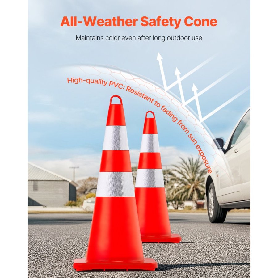 VEVOR Safety Cones, 6 x 28\" Traffic Cones, PVC Orange Construction Cones, 2 Reflective Collars Traffic Cones with Weighted Base and Hand-Held Ring Used for Traffic Control, Driveway Road Parking